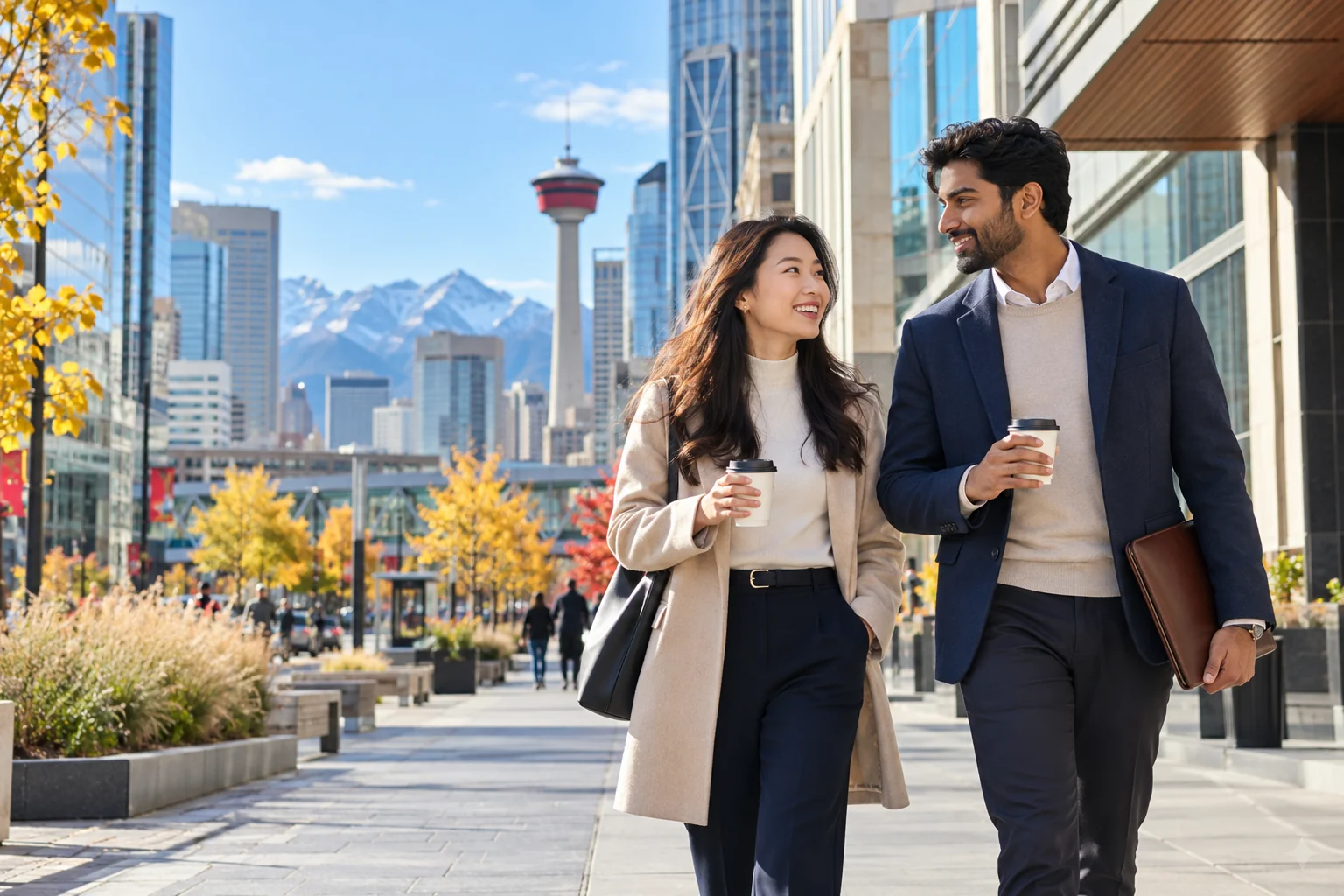 Young professionals walking in downtown Calgary
